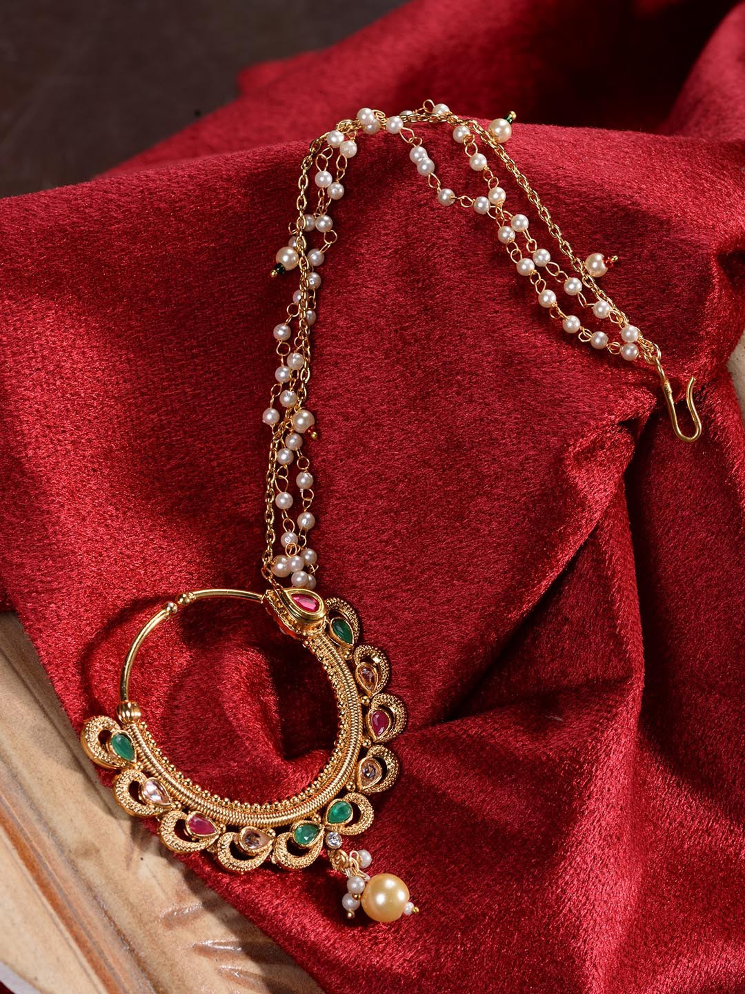 Saraf RS Jewellery Gold-Plated Kundan-Studded & Pearl Nose Ring With Chain