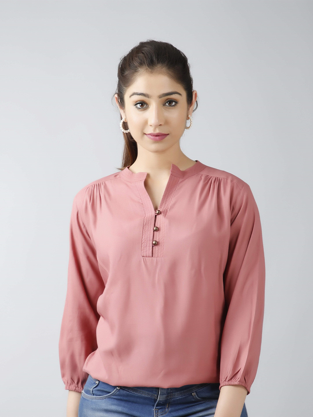 Fab Star Pink V-Neck Regular Top