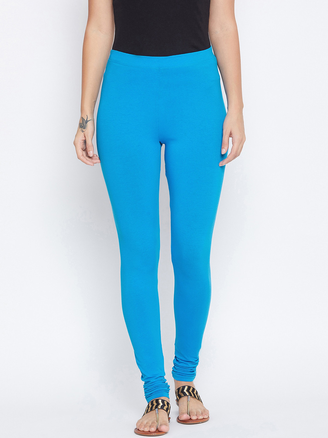 ALIZA Women Blue Solid Cotton Churidar-Length Leggings