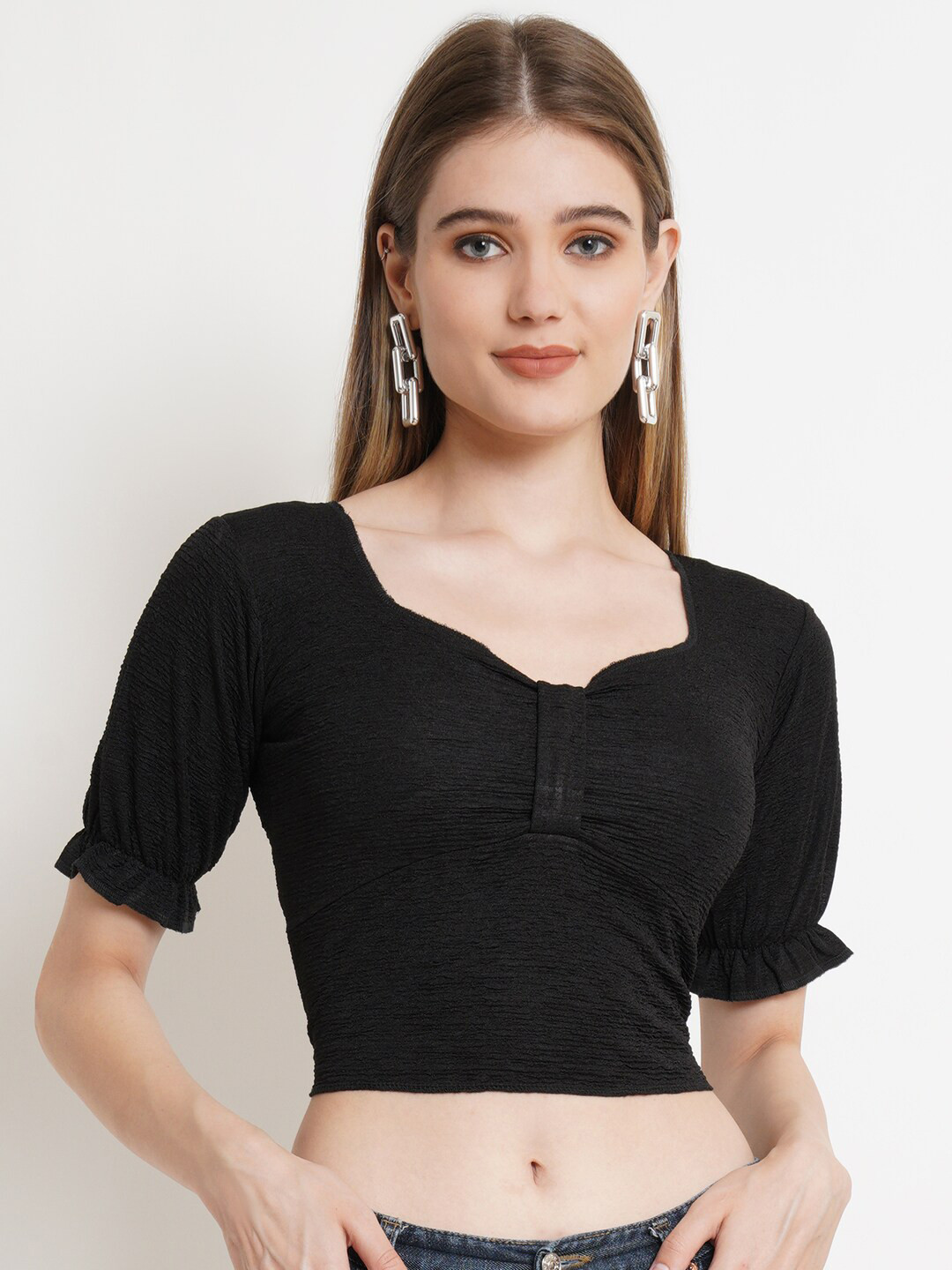 Popwings Black Solid Crop Top