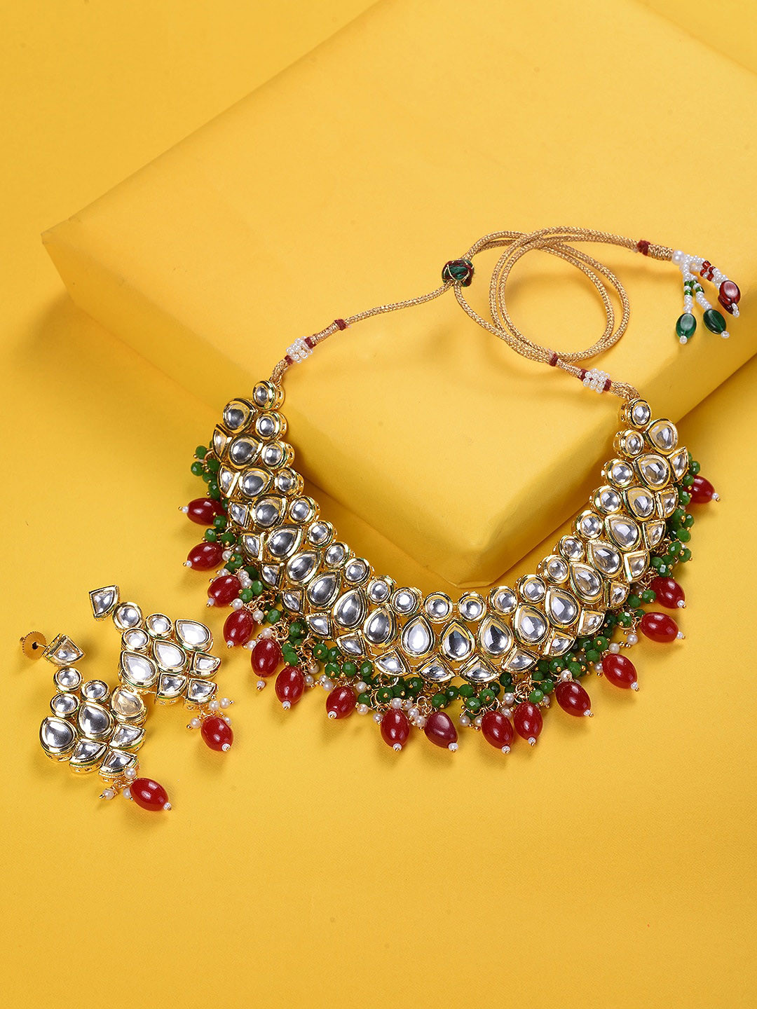 Saraf RS Jewellery Gold Plated Red & Green Stone & Beads Jewellery Set