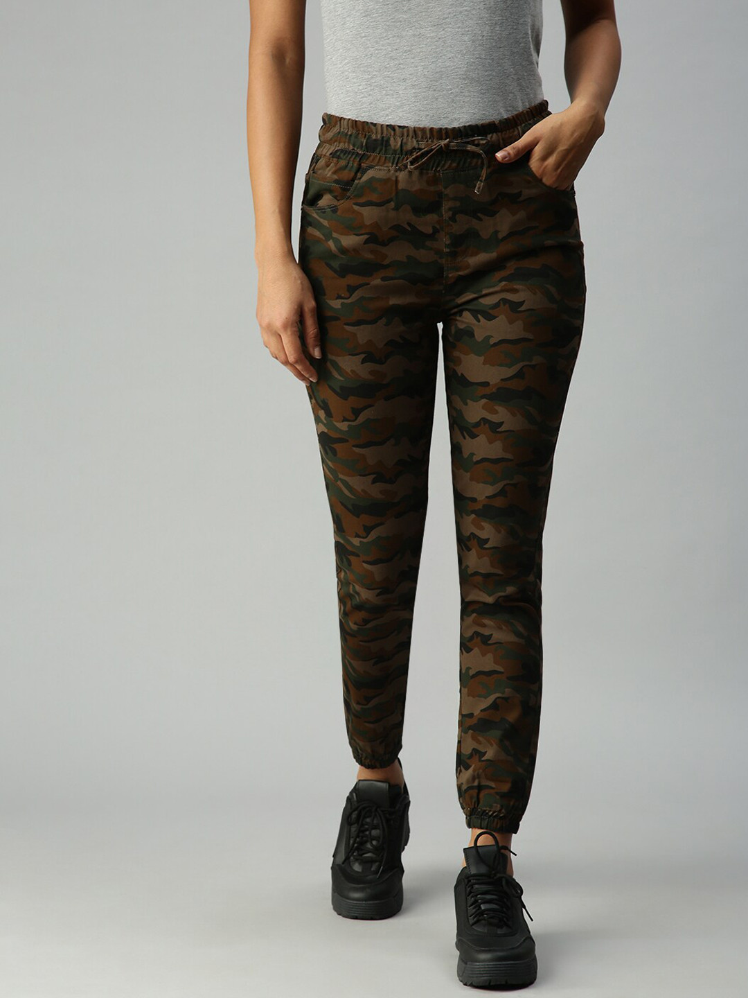 SHOWOFF Women Olive Green Jean Jogger High-Rise Slash Knee Stretchable Jeans