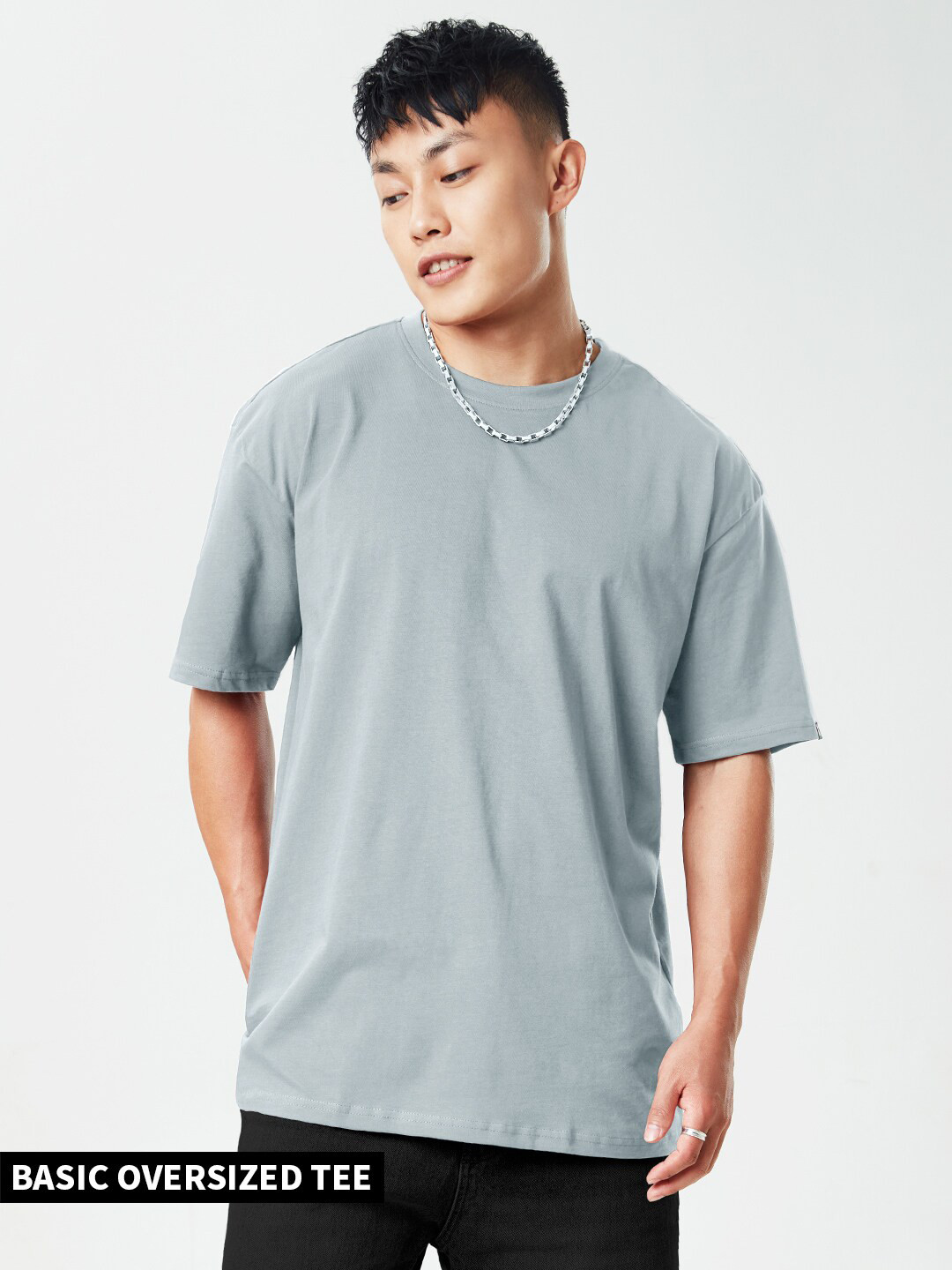 The Souled Store Men Pearl Grey Solid Round Neck Oversized T-Shirt