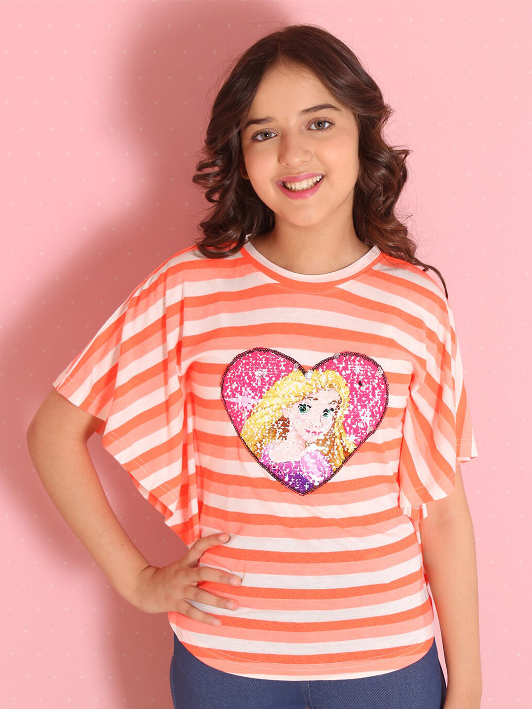 CUTECUMBER Orange Striped Applique Kaftan Top
