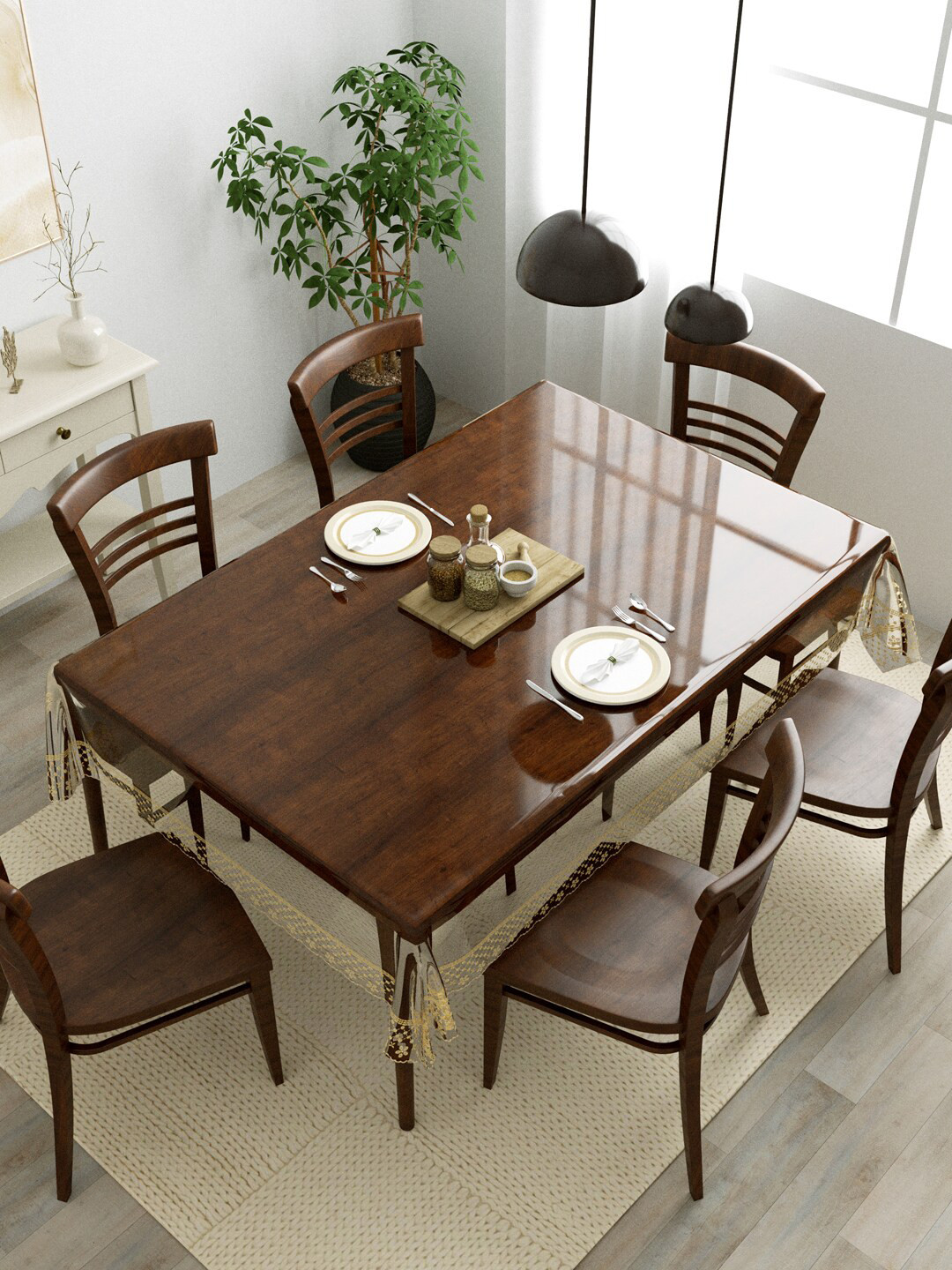 Clasiko Transparent & Golden Solid Lace Border 6 Seater Anti Slip Table Covers
