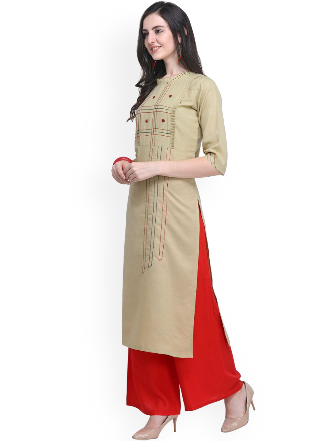 SAPTRANGI Women Green High Slit Thread Work Kurti with Palazzos