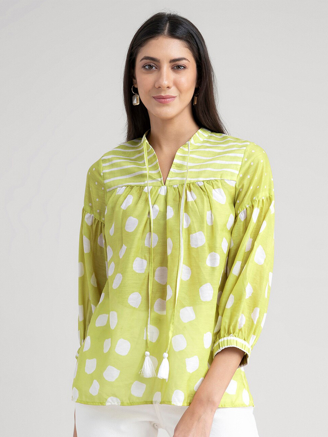 Pink Fort Lime Green Print Tie-Up Neck Top