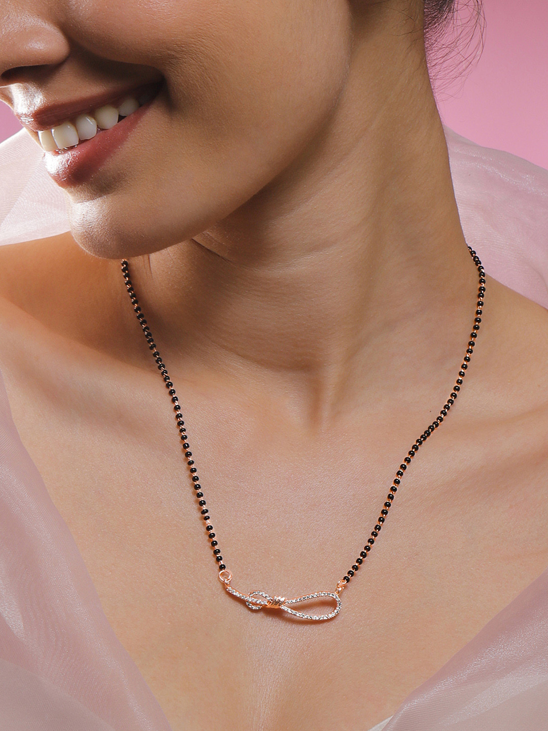 Rubans 18K Rose Gold-Plated Black Beaded Infinity Mangalsutra with Cubic Zirconia Accents