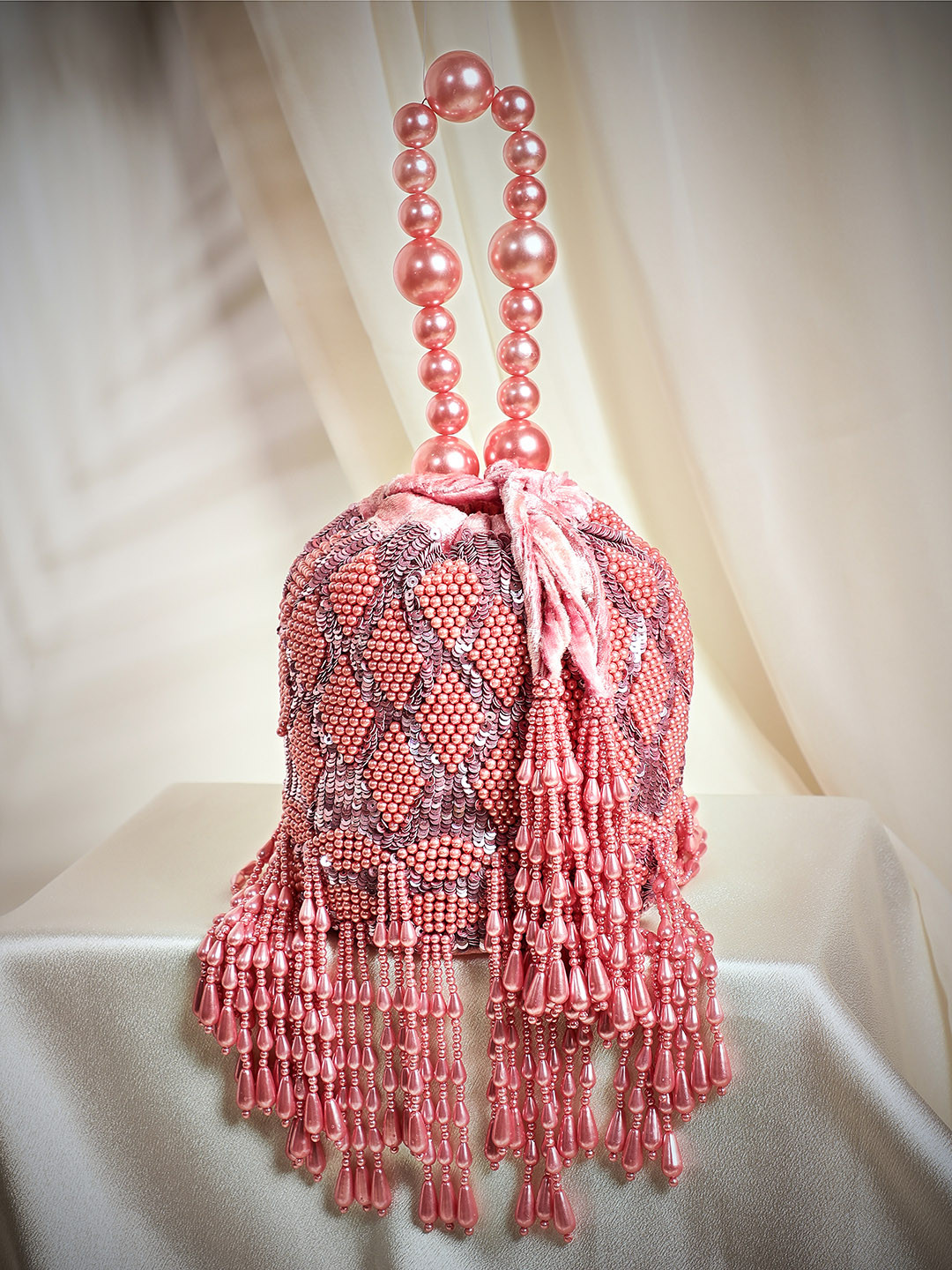 Rubans Luxe Pink Pearl Beaded Drawstring Potli Bag with Fringe Detailing