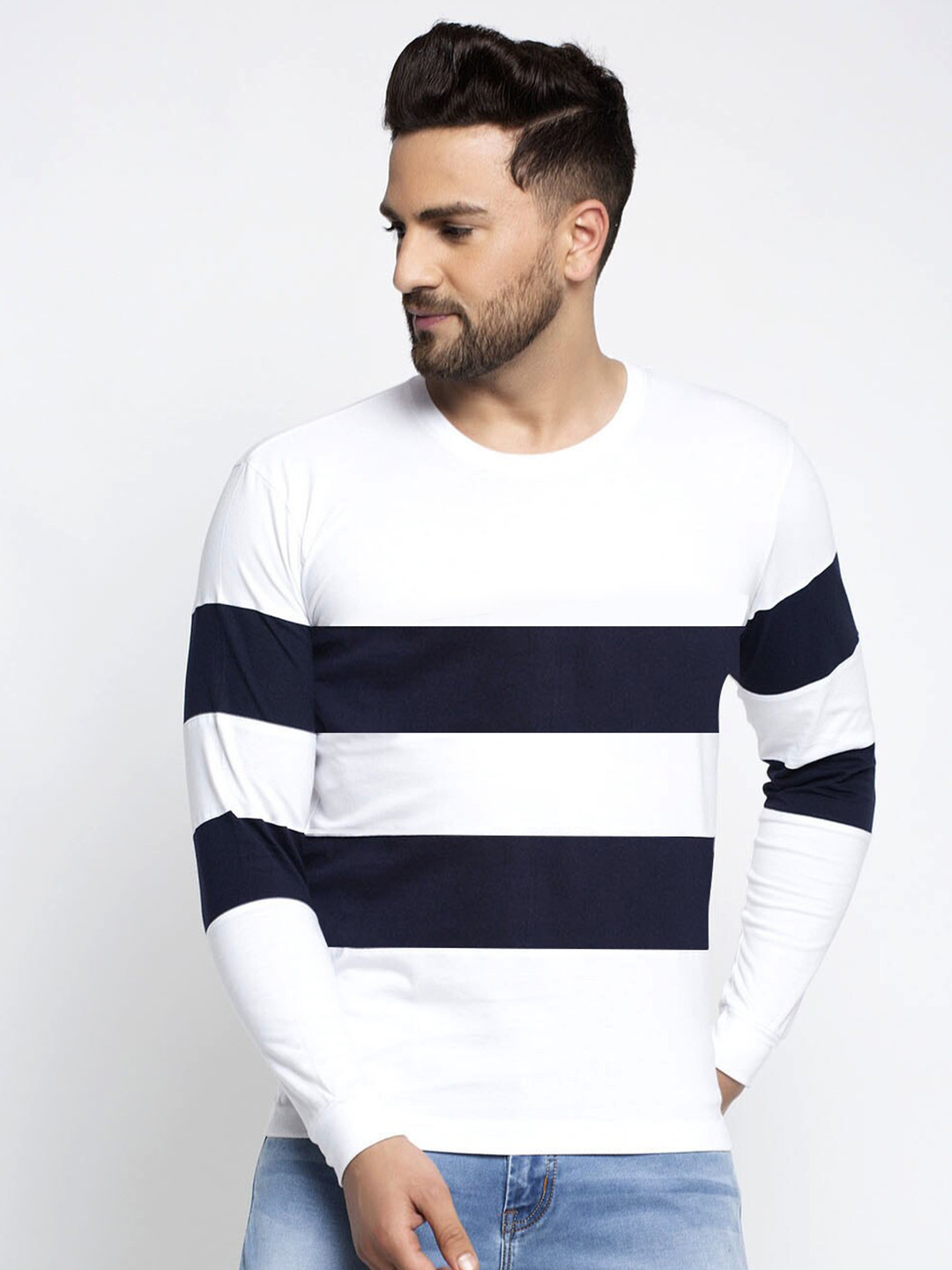 Friskers Men White & ghost white Striped Slim Fit T-shirt