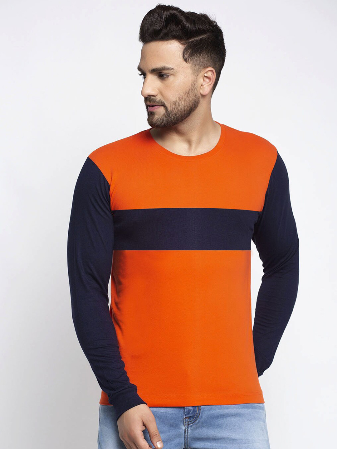 Friskers Men Orange & dark sapphire Colourblocked Applique Slim Fit T-shirt