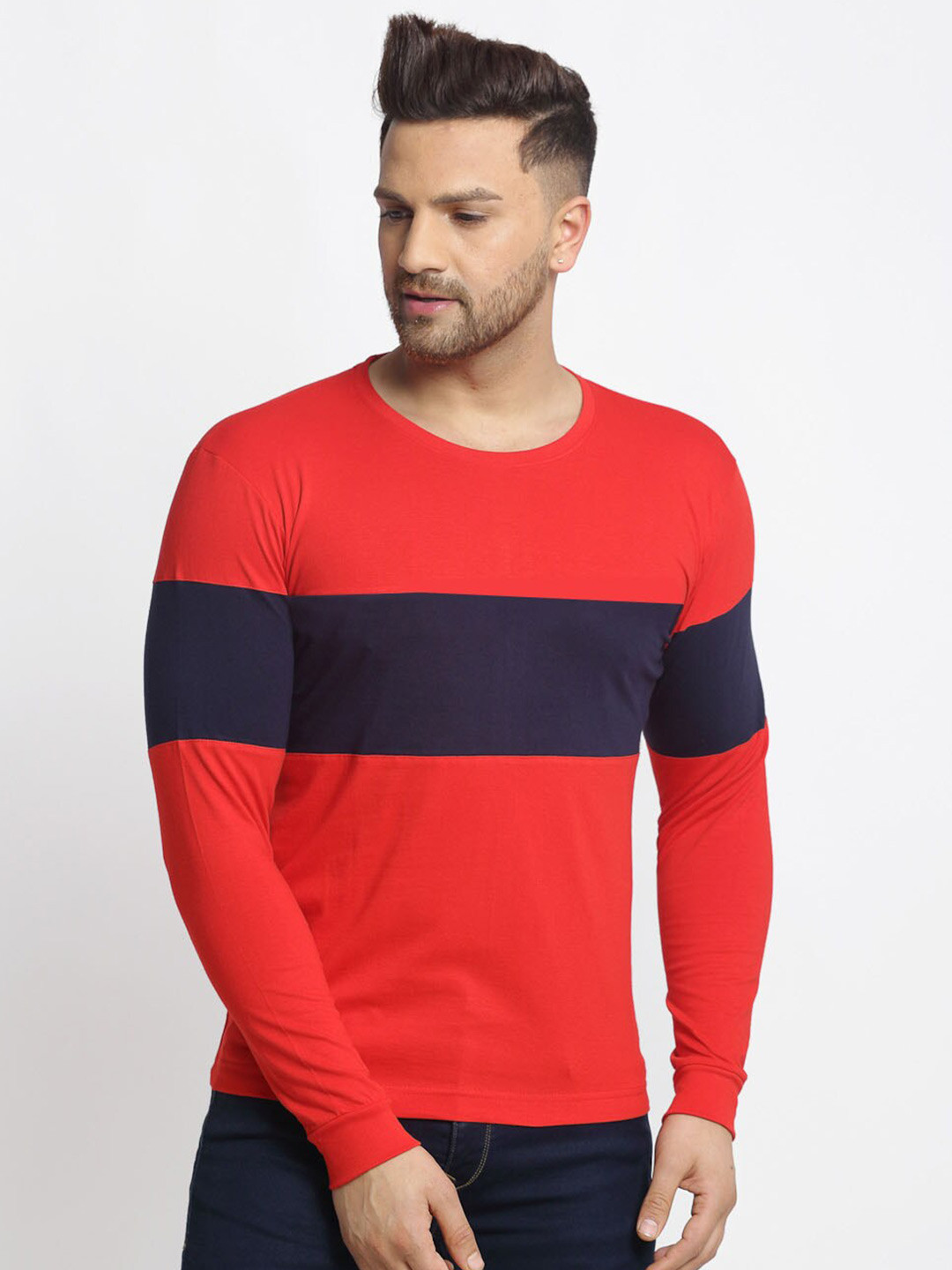 Friskers Men Red & nasturtium Striped Slim Fit T-shirt