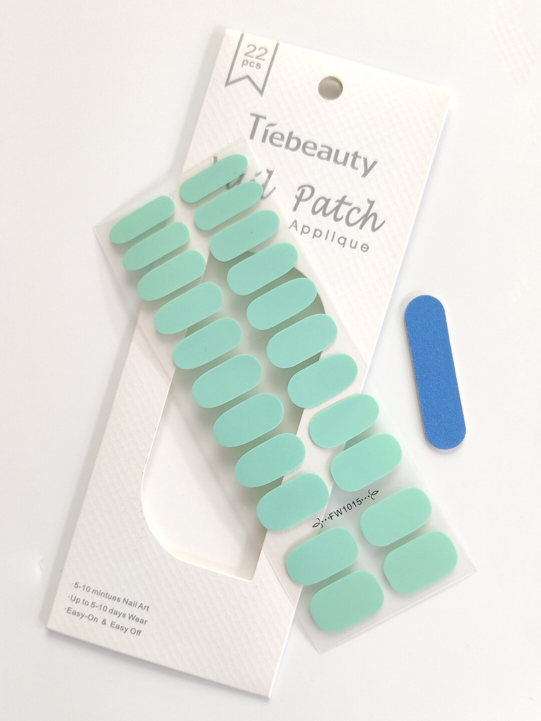 NOYMI Tiebeauty 22 Pcs Nail Patch Stickers FW1015 with Stripe Nail File - Turquoise Blue