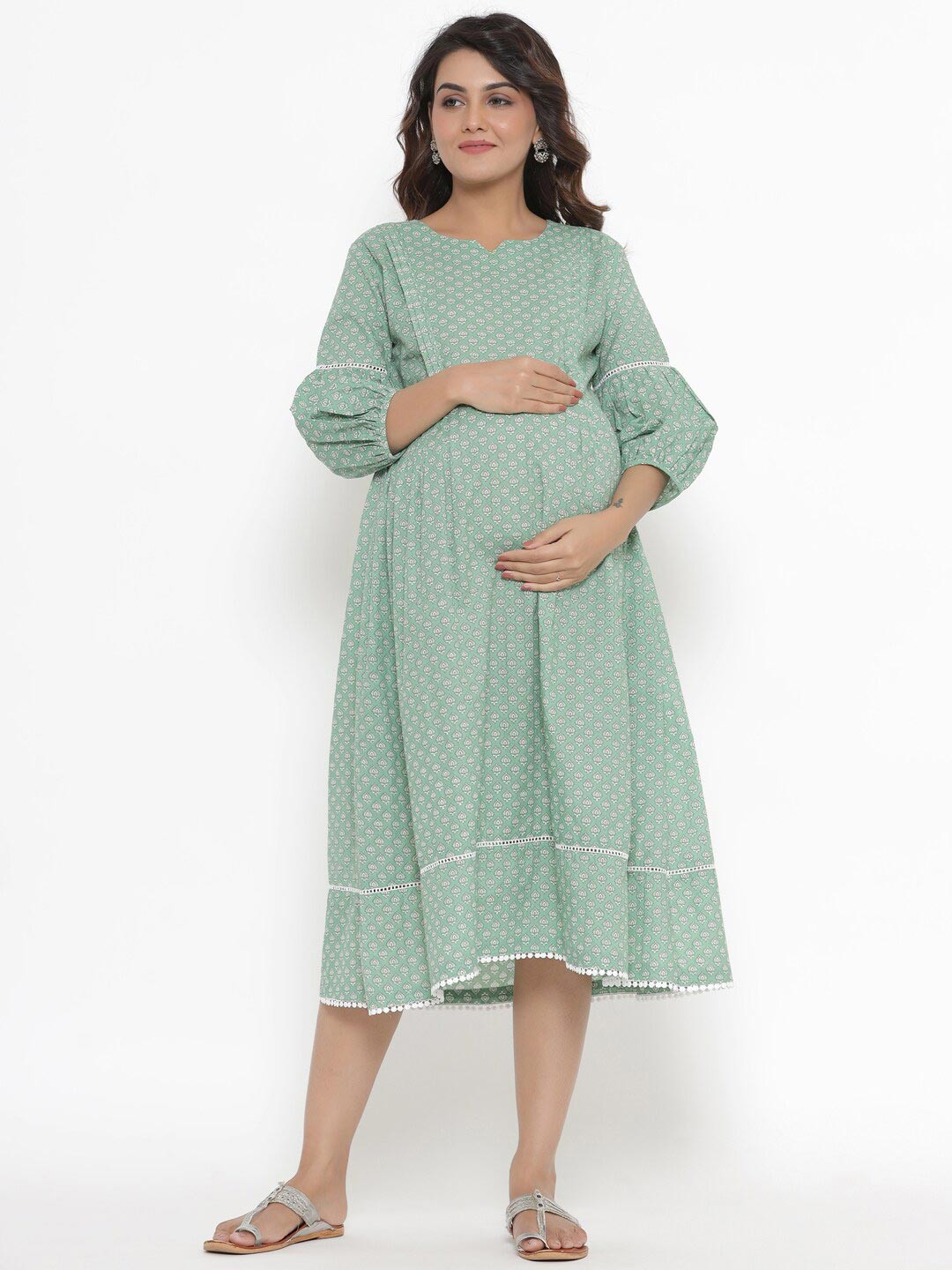Ikk Kudi by Seerat Green & Desert Sage Maternity & Nursing Cotton Midi Dress