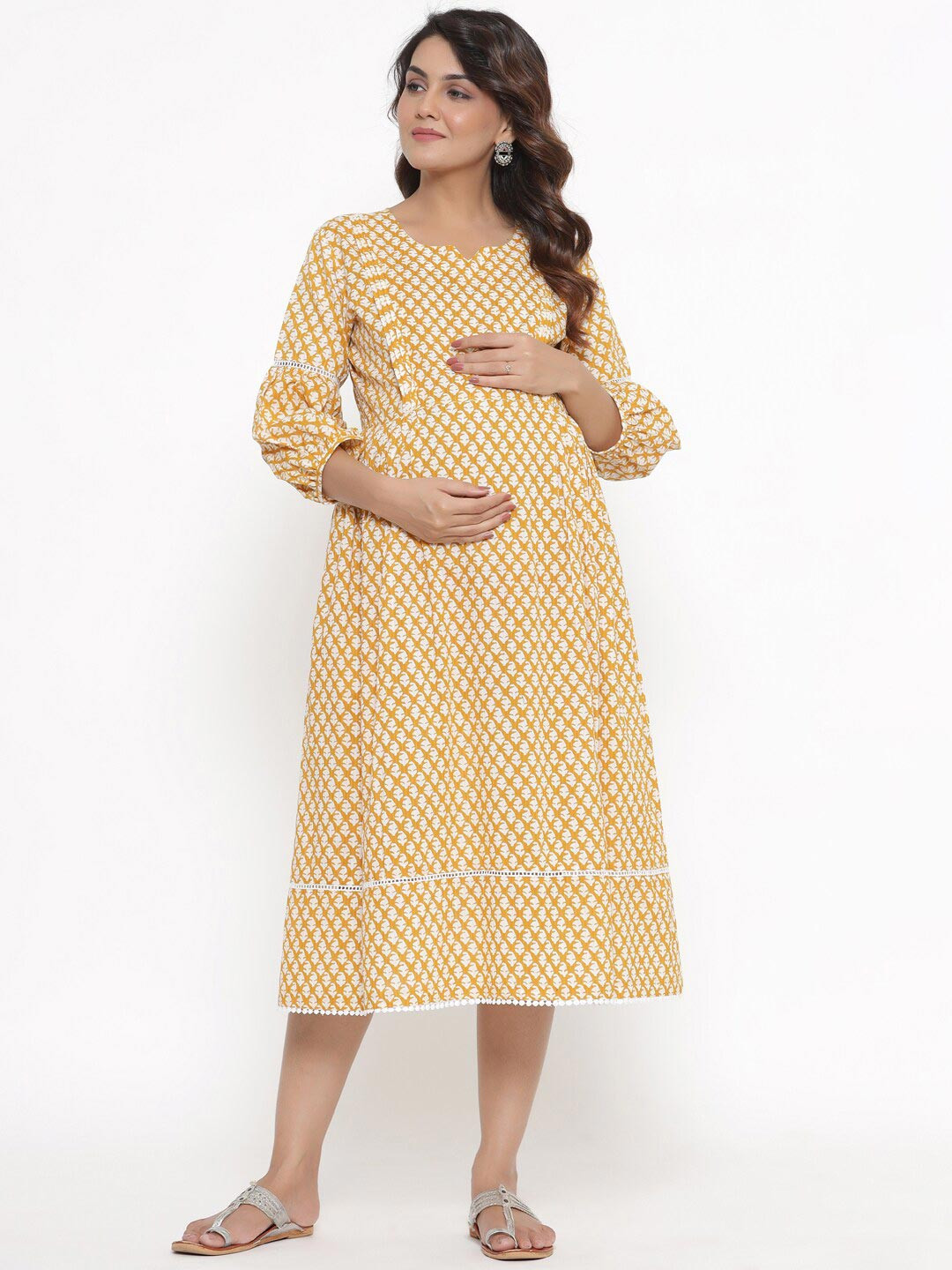 Ikk Kudi by Seerat Yellow & shell Ethnic Motifs Maternity & Nursing Cotton Midi Dress
