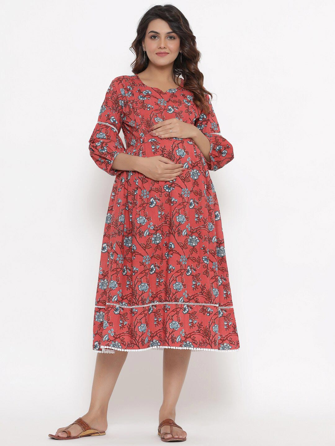 Ikk Kudi by Seerat Pink & burnt sienna Floral Maternity & Nursing Cotton Midi Dress