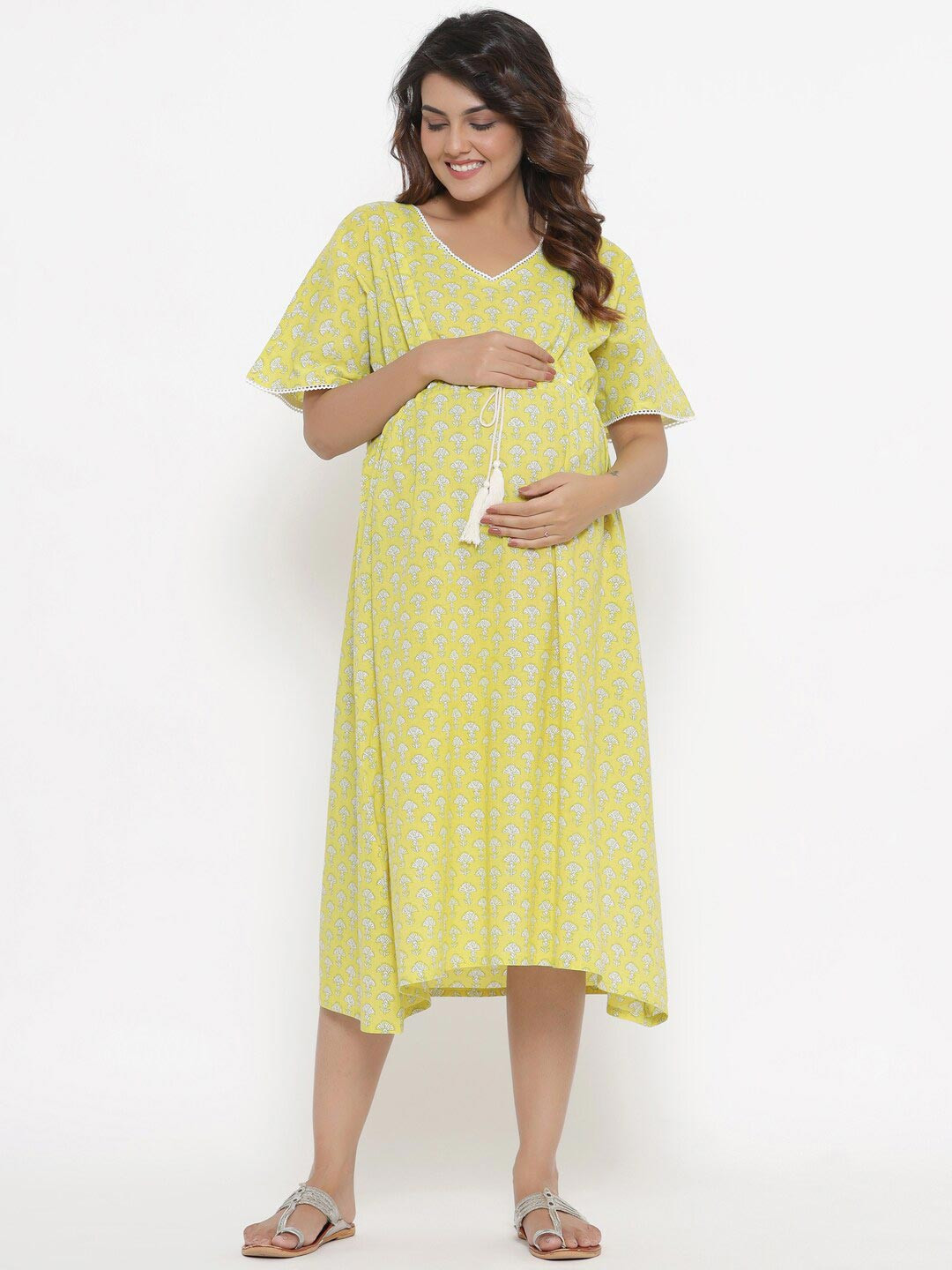 Ikk Kudi by Seerat Yellow Printed Maternity & Nursing Cotton Midi Kaftan Dress
