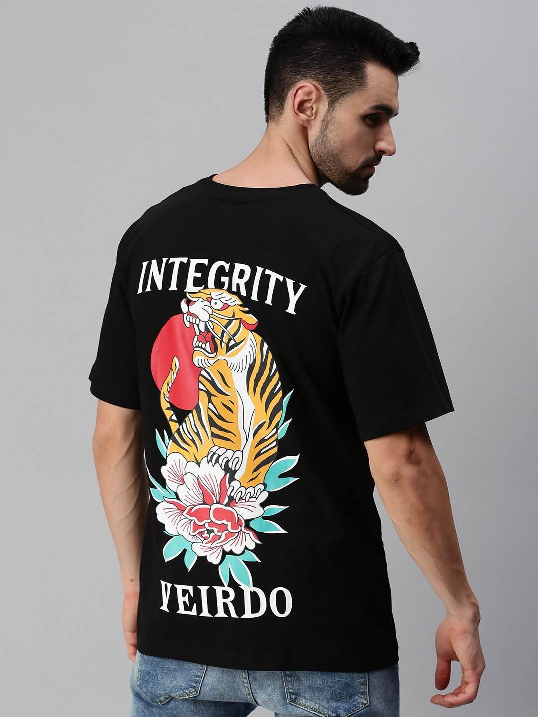 VEIRDO Men Black & french middle red purple Floral Printed Raw Edge Oversized  T-shirt