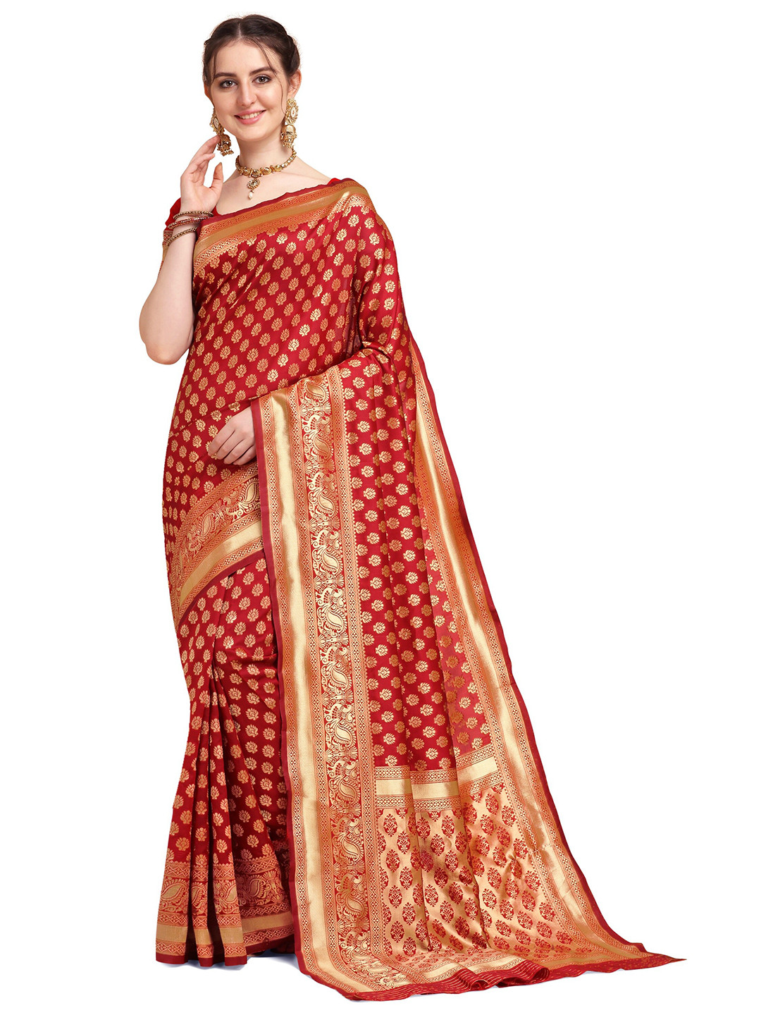 Offirra International Red & Gold-Toned Woven Design Zari Silk Cotton Banarasi Saree
