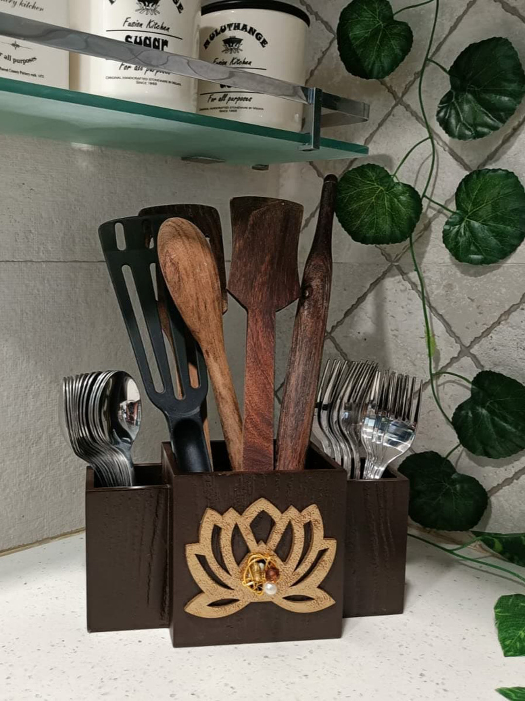 COCKTAIL Brown MDF Wood Cutlery Holder