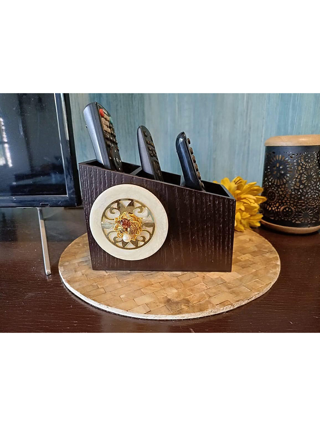 COCKTAIL Brown Textured 3 Section Wooden Remote Holder