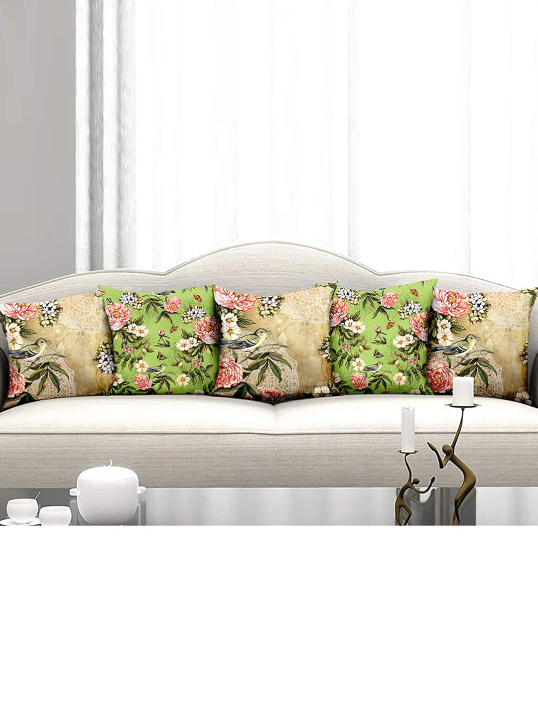 homewards Green & Beige Set of 5 Floral Satin Square Cushion Covers