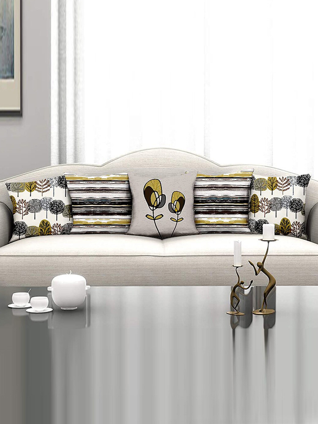 homewards White & Black Set of 5 Floral Satin Square Cushion Covers