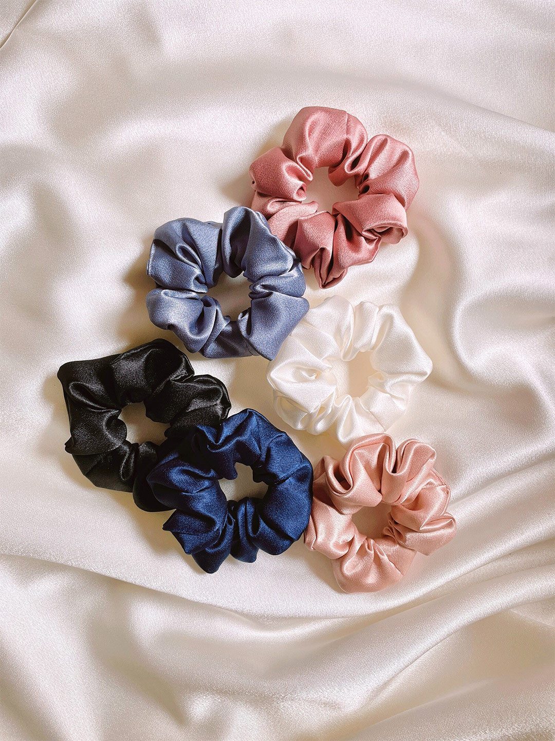 Mueras Women Black & Blue Set of 6 Solid Silk Satin Scrunchie