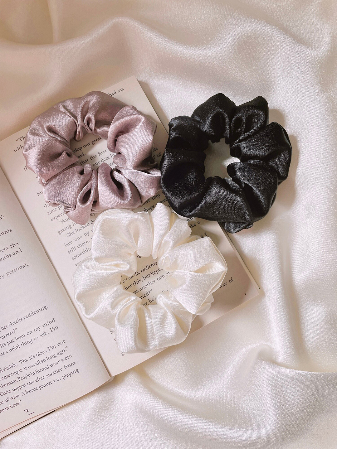 Mueras Women Lavender & White Set of 3 Solid Silk Satin Scrunchie