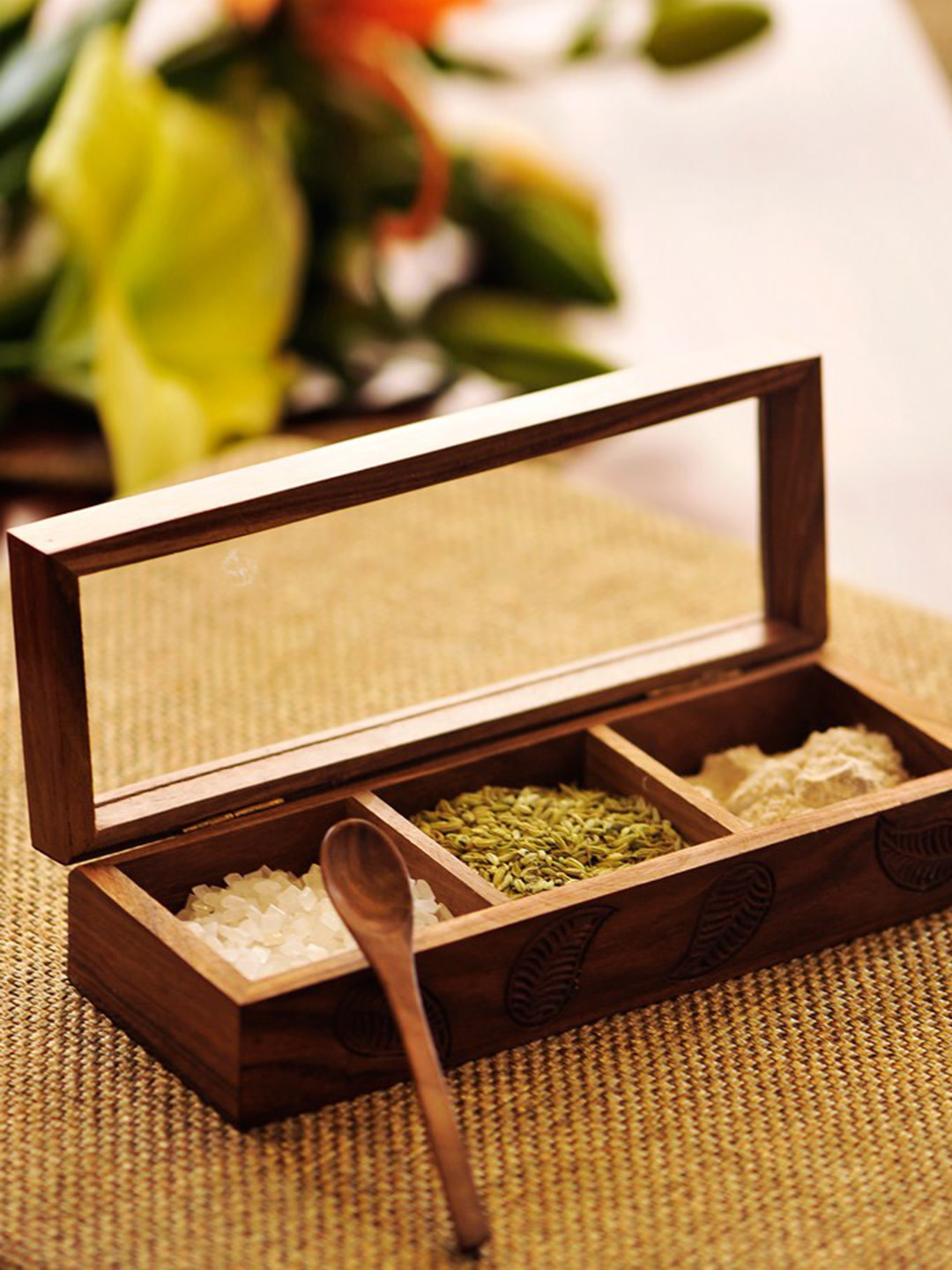 ExclusiveLane Brown Sheesham Wooden Hand Engraved Multi-Utility Cum Spice Box with Spoon