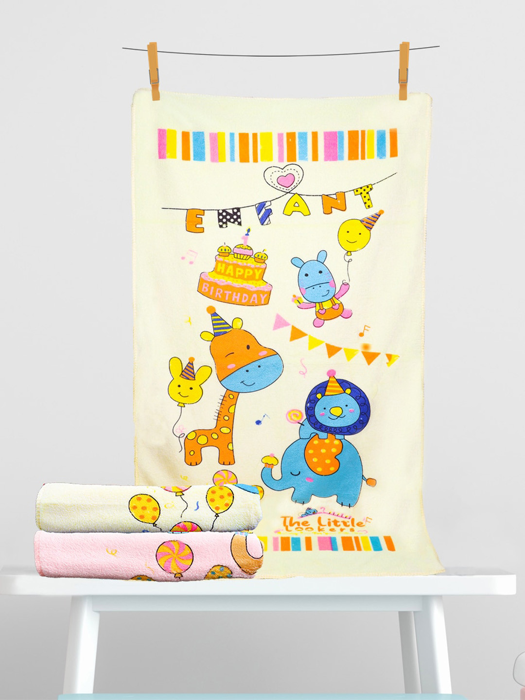 The Little Lookers  Kids Set Of 2 Pink & Yellow Printed 354GSM Bath Towels