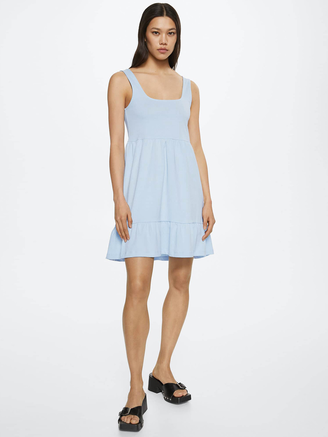 MANGO Women Blue Pure Cotton Solid A-Line Dress with Flared Hem