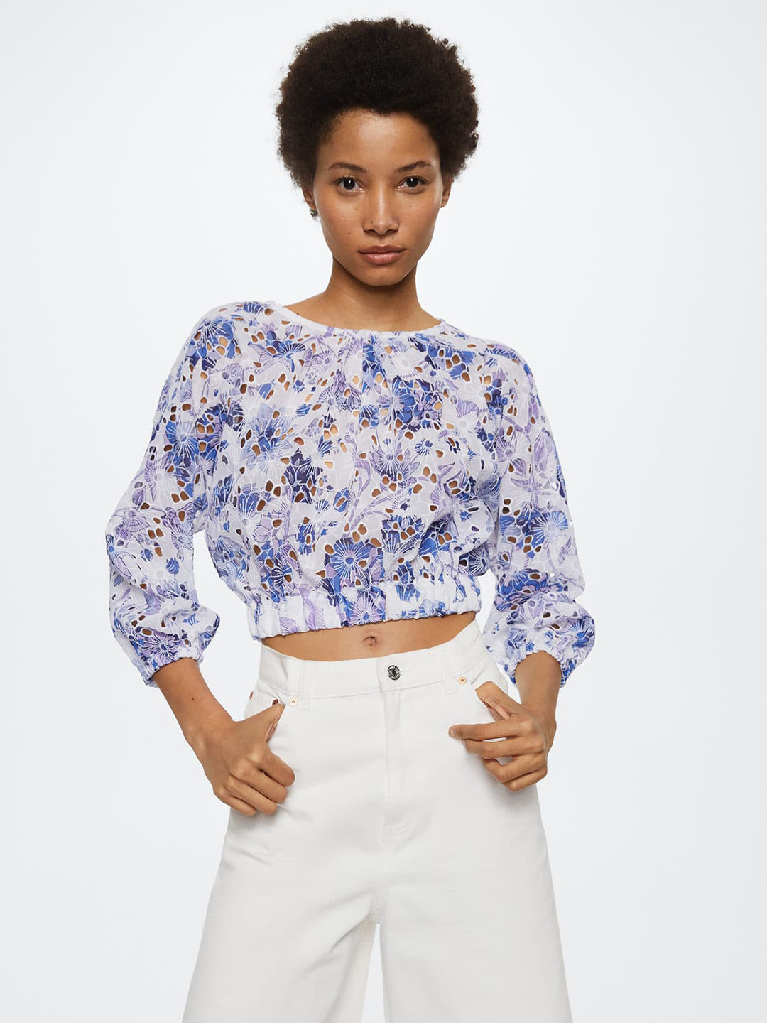 MANGO Blue & White Floral Print Blouson Schiffli Crop Top