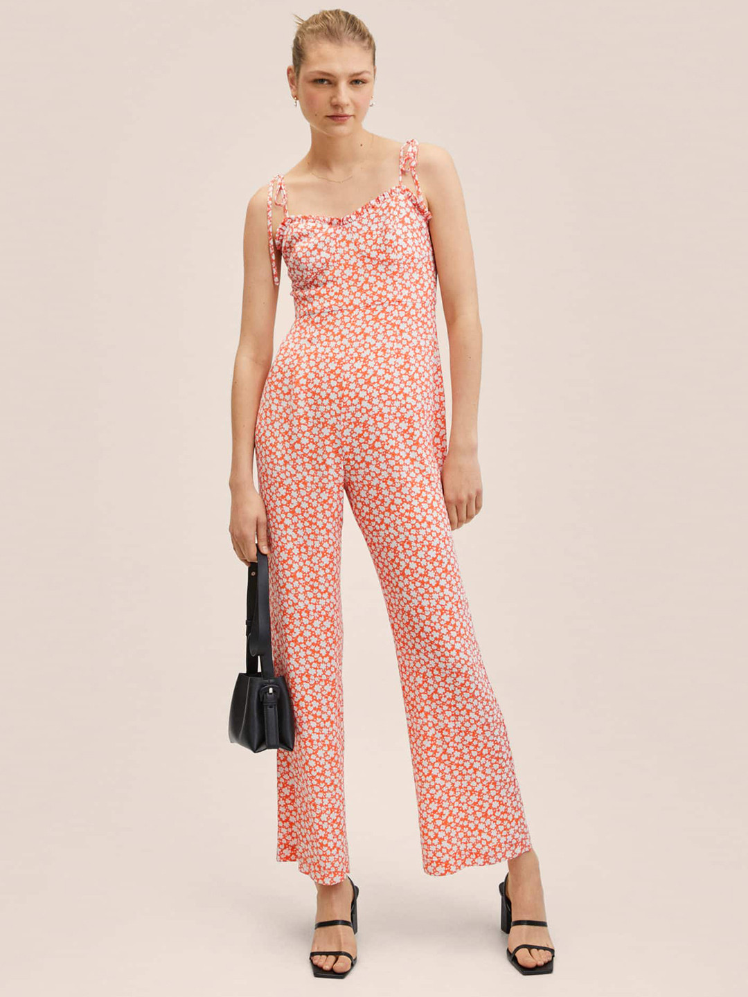 MANGO Orange & White Printed Basic Jumpsuit