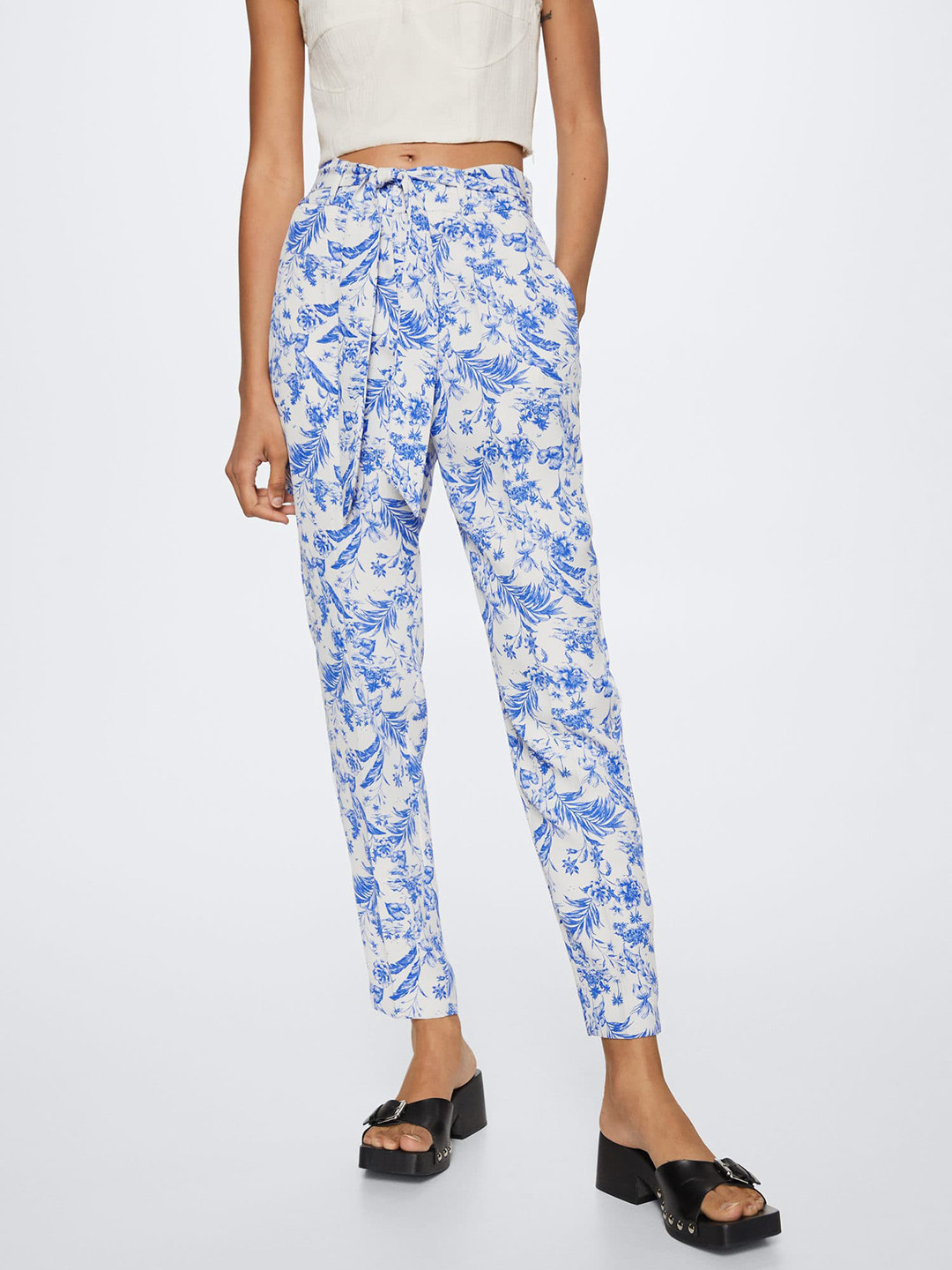 MANGO Women White Floral Printed Tapered Fit Pleated Trousers