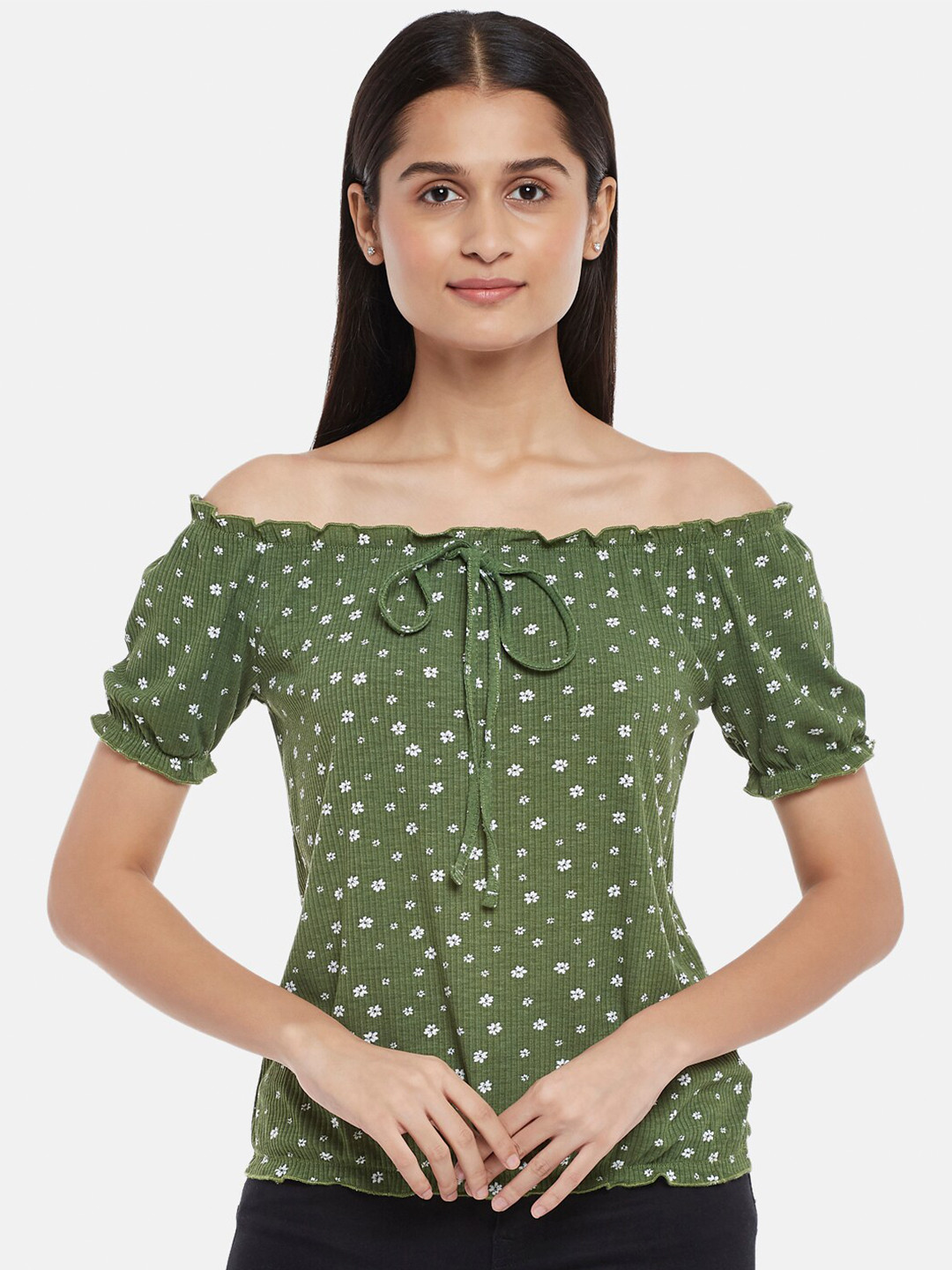Honey by Pantaloons Olive Green Floral Print Off-Shoulder Bardot Top
