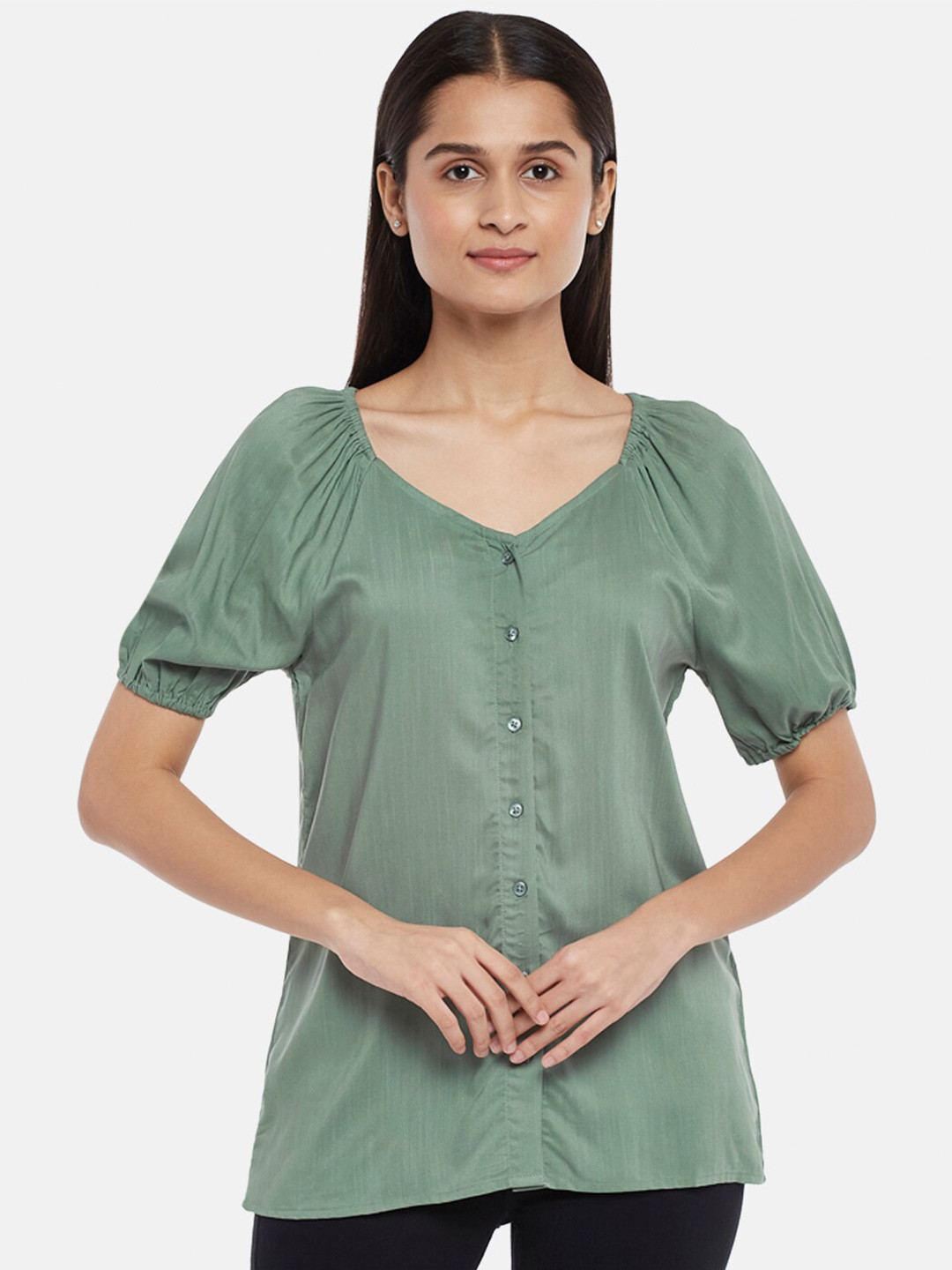 Honey by Pantaloons Olive Green Shirt Style Top