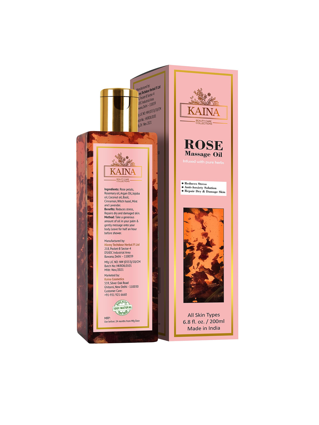 Kaina skincare Rose Massage Oil with Pure Herbs - Repairs Dry & Damage Skin - 200ml