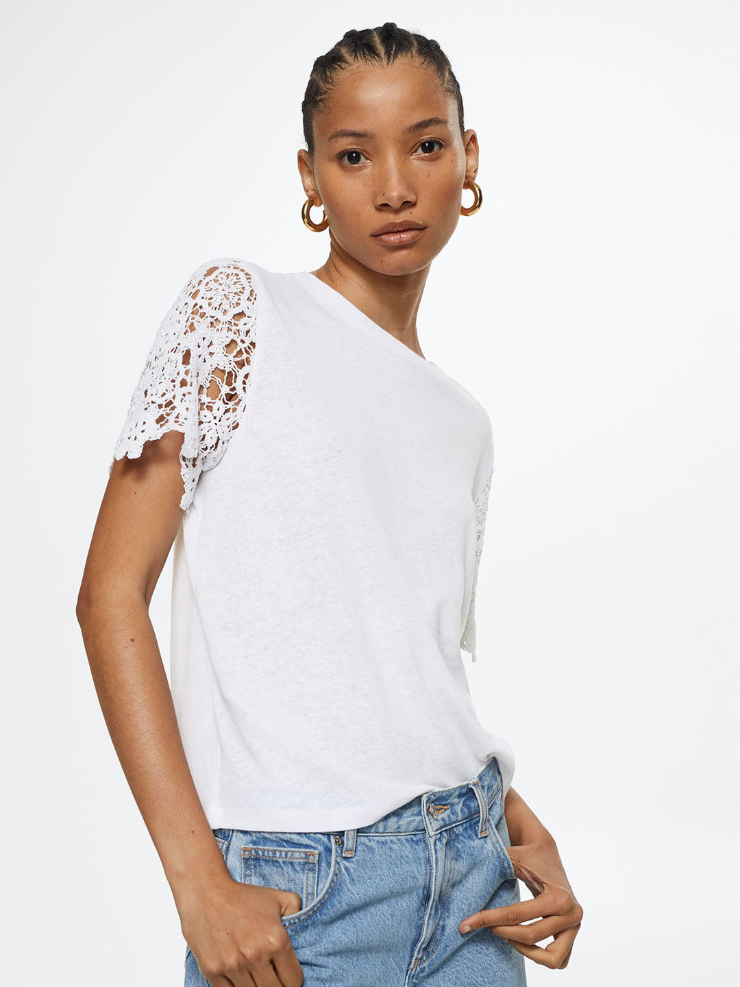 MANGO White Solid Lace Inserts Top
