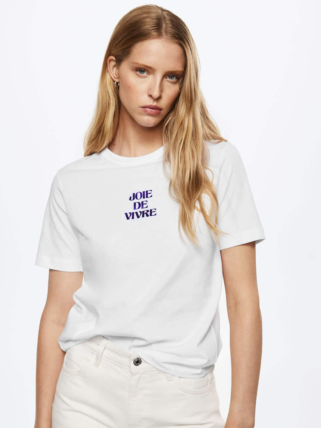 MANGO Women White & Purple Typography Printed Pure Cotton T-shirt