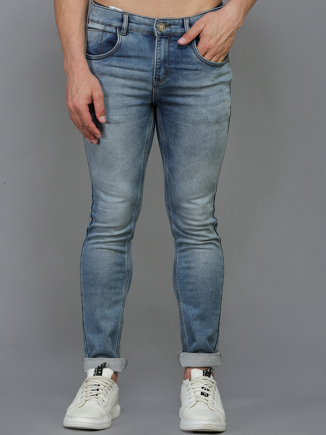 TQS Men Blue Urban Straight Fit Slash Knee Heavy Fade Jeans