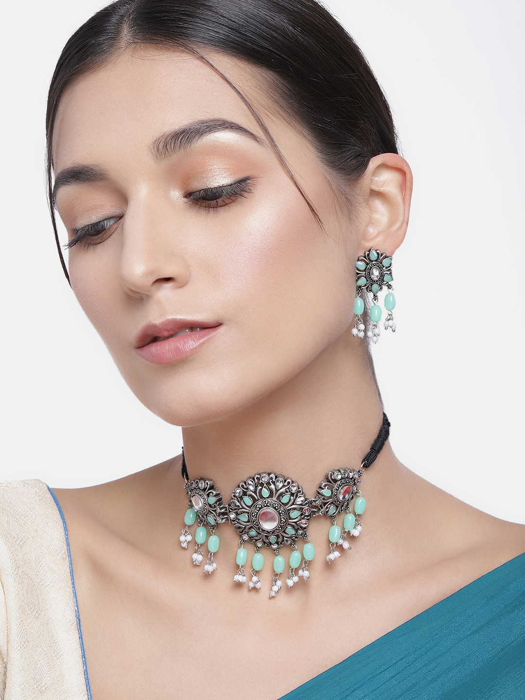 Kord Store Mint Green Silver-Plated Oxidized Stone Studded Beaded Choker Jewellery Set