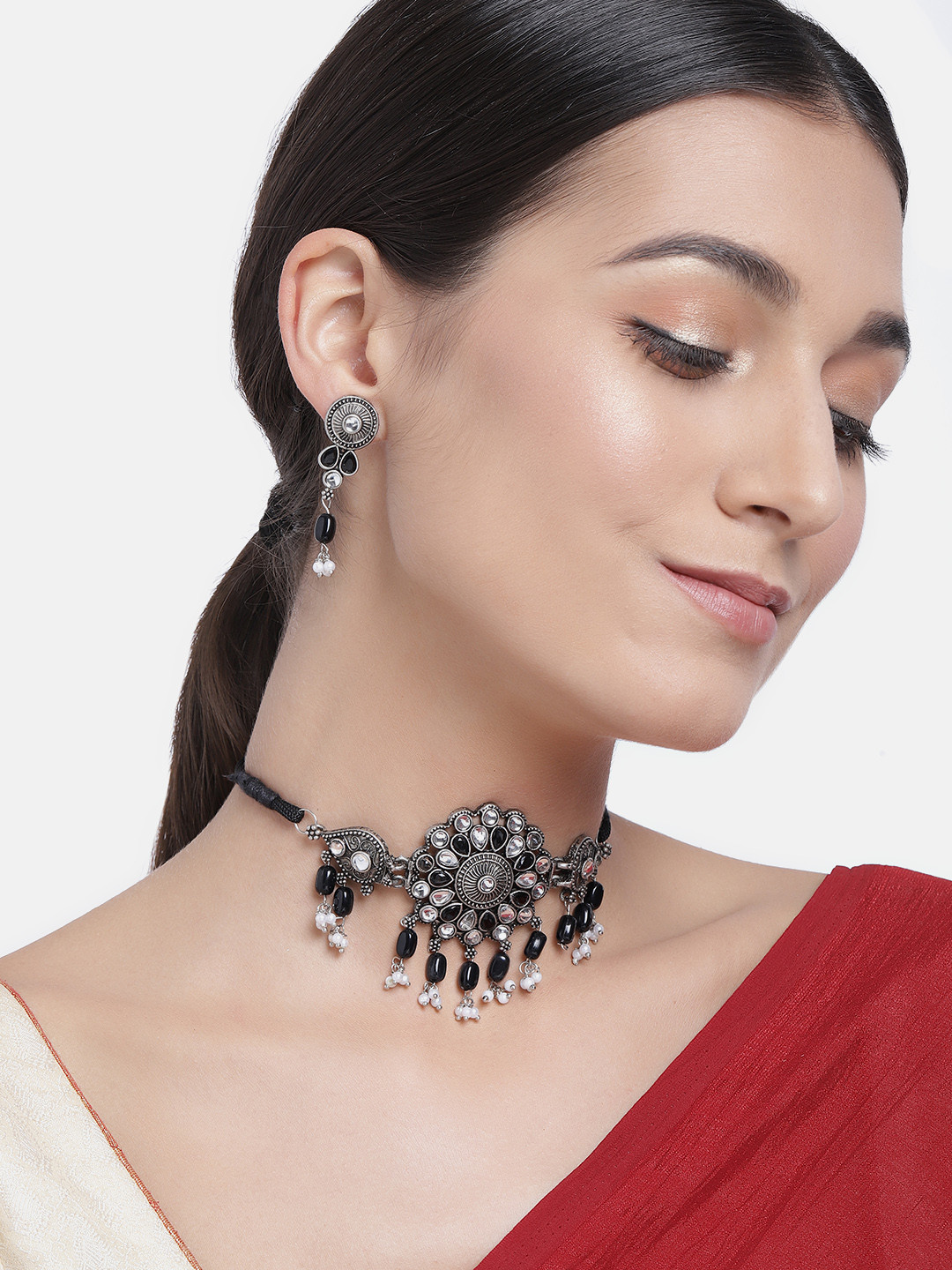 Kord Store Silver-Plated & Black Oxidized Beaded Choker Jewellery Set