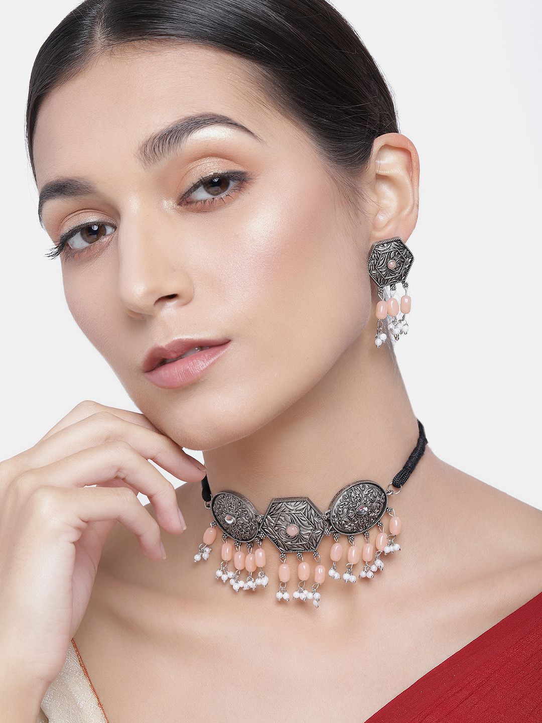 Kord Store Peach-Cloured Silver-Plated Oxidized Beaded Choker Jewellery Set