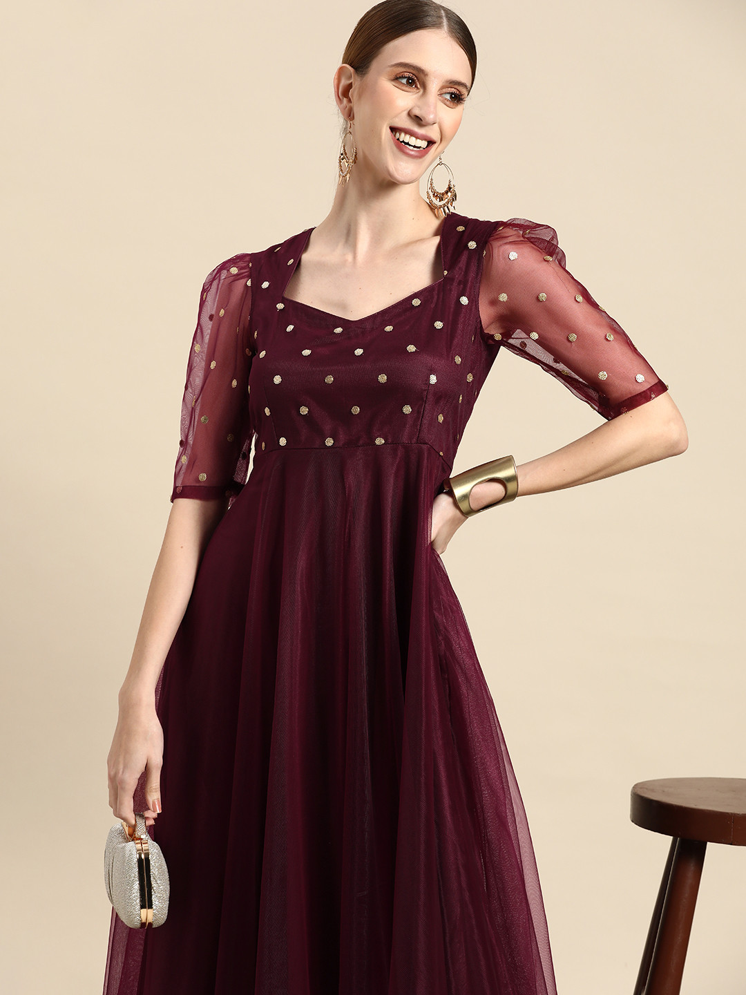Sangria Burgundy Ethnic Motifs Embroidered Net Maxi Dress