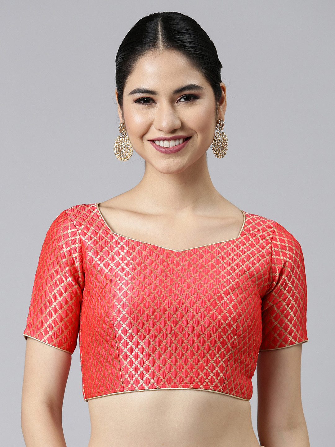 flaher Peach-Coloured Woven Design Jacquard Padded Blouse