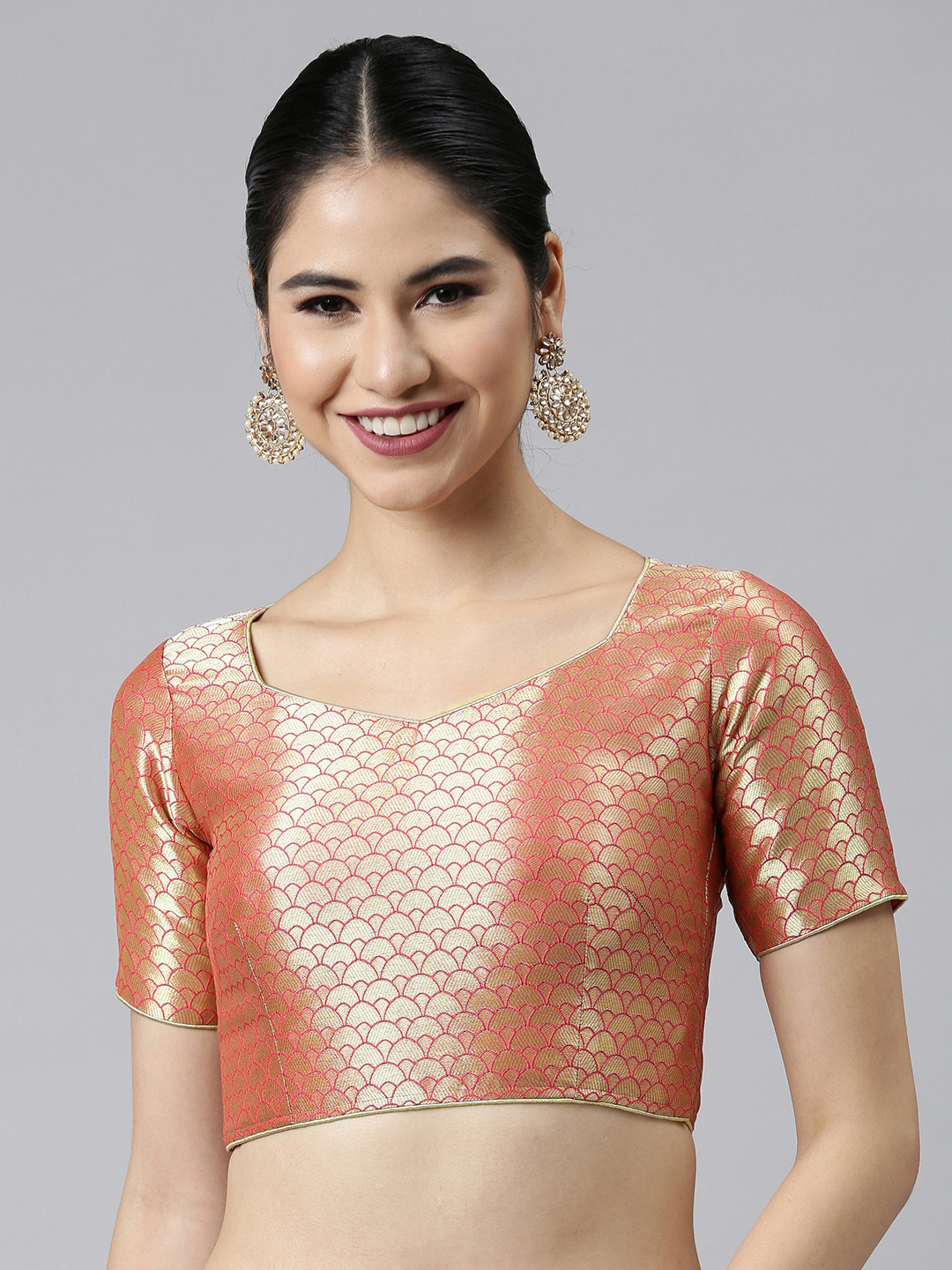 flaher Red & Golden Woven Design Jacquard Padded Blouse