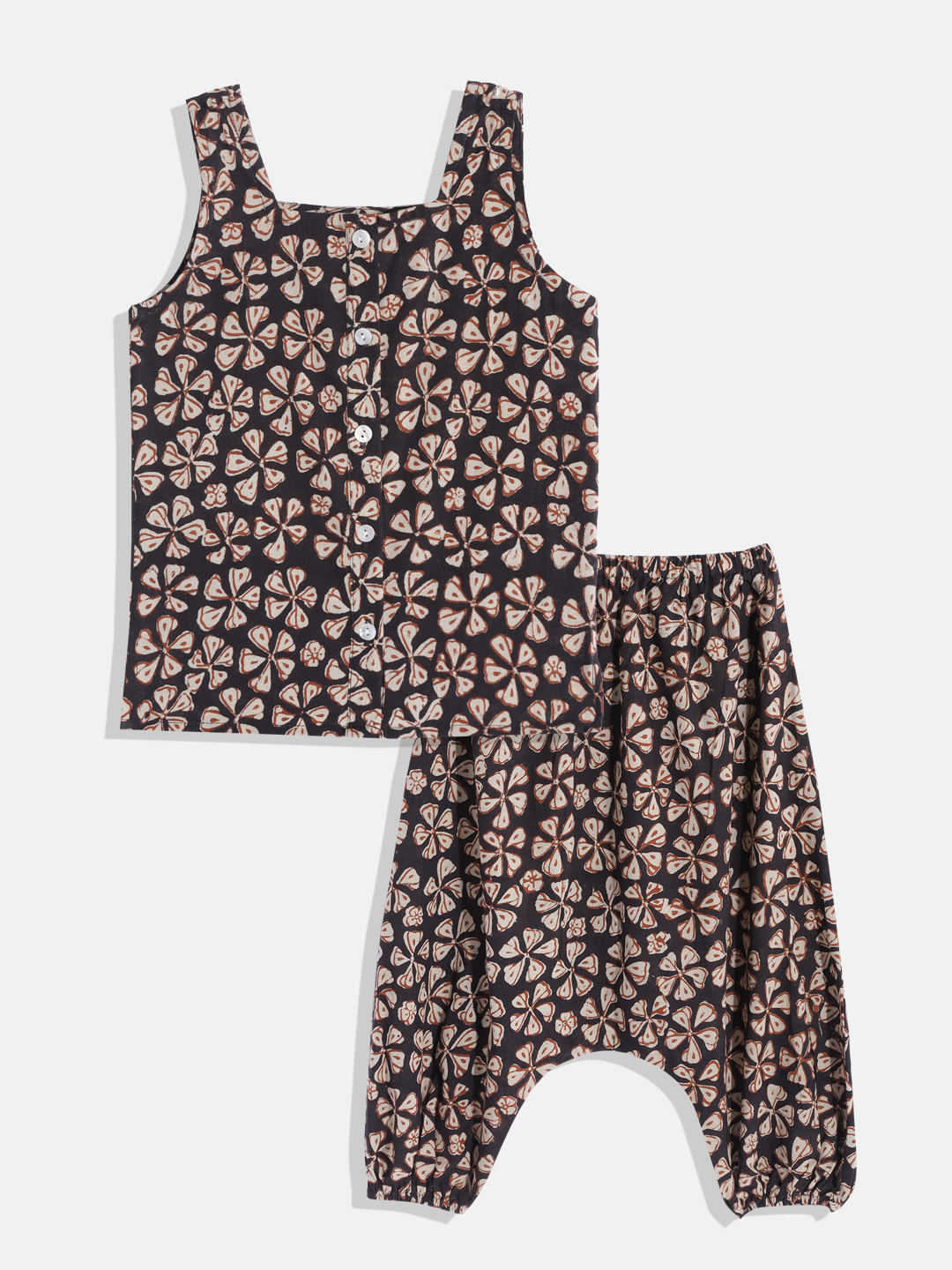 Tiny Bunnies Girls Black & Cream-Coloured Floral Printed Top with Trousers