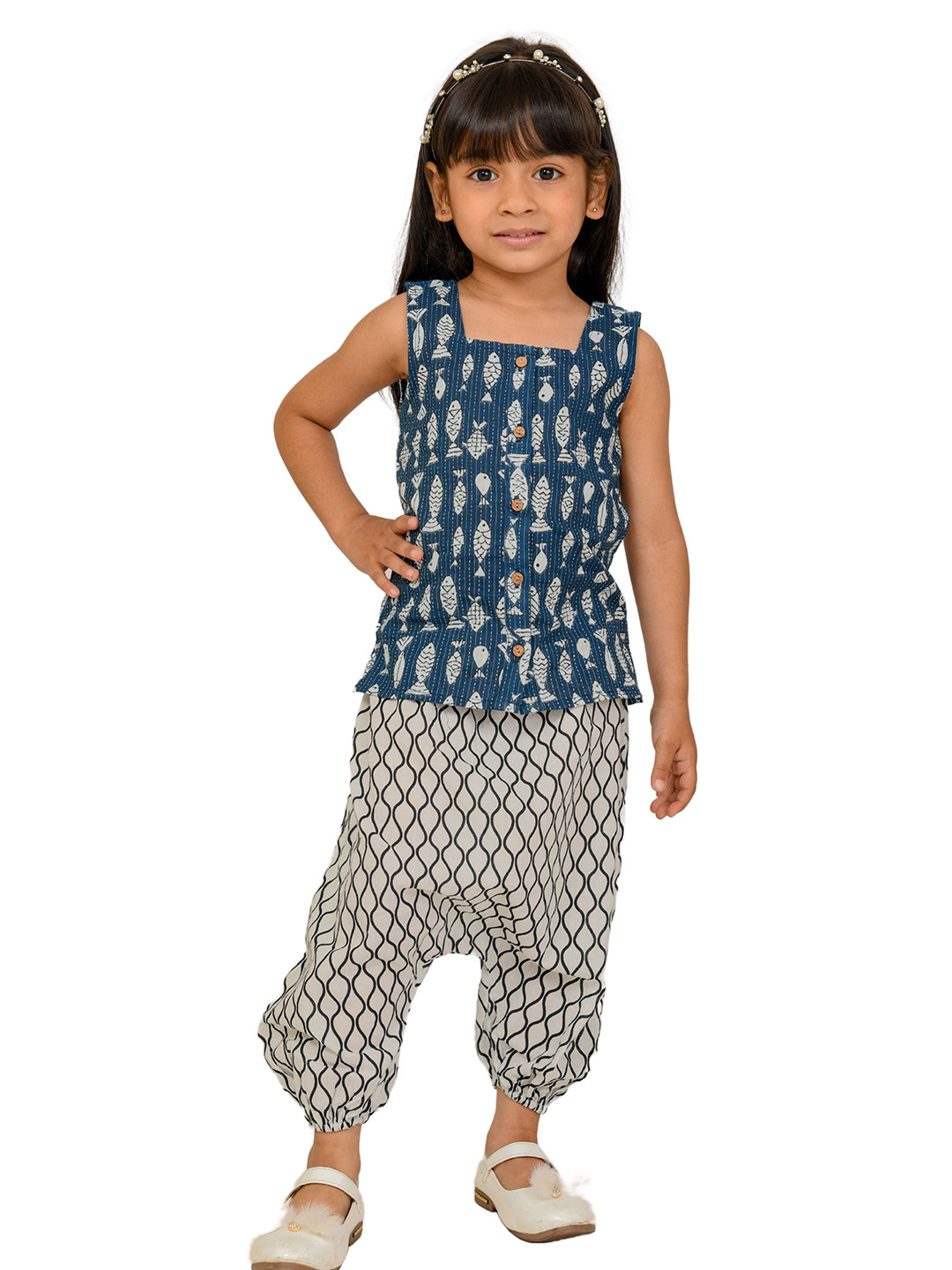 Tiny Bunnies Girls Blue & White Printed Pure Cotton Top with Trousers