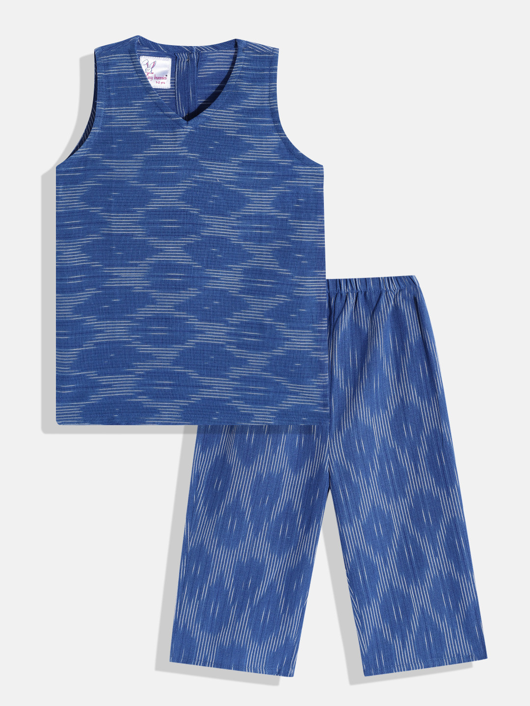 Tiny Bunnies Girls Blue & White Abstract Printed Pure Cotton Top with Trousers